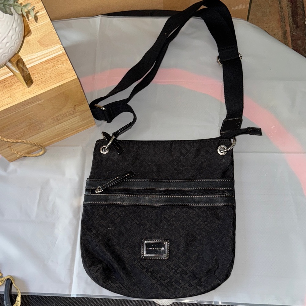 Tommy Hilfiger Black Crossbody Bag with Silver Accents